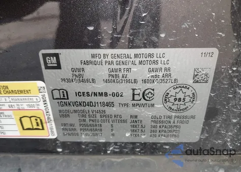 2013 Chevrolet Traverse 1Lt from USA, damaged, VIN 1GNKVGKD4DJ118465